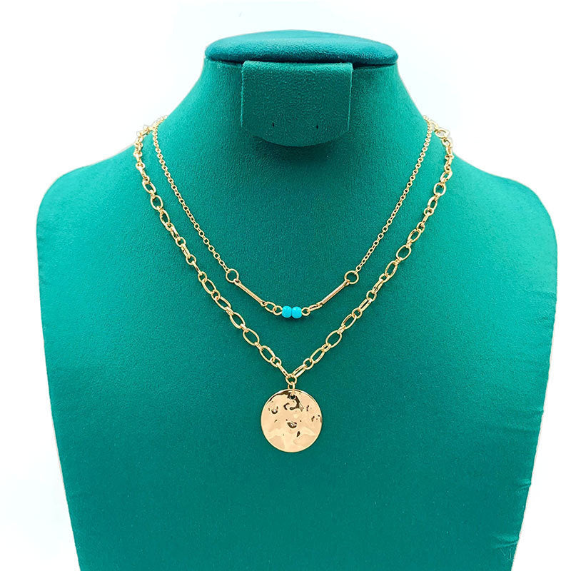 Vintage Double Layer Metal Disc Geometric Clavicle Necklace for Women