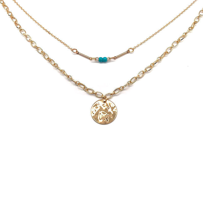 Vintage Double Layer Metal Disc Geometric Clavicle Necklace for Women